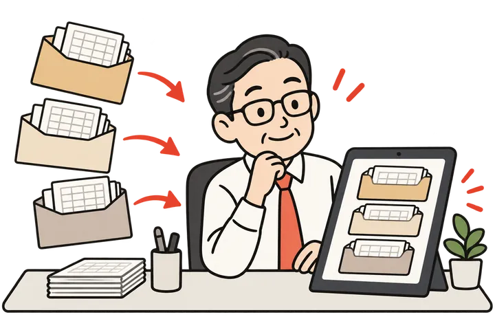 社労士・会計事務所が、複数の顧問先から届いた紙のタイムカードを顧問先ごとに分けて取り込んでいる様子
